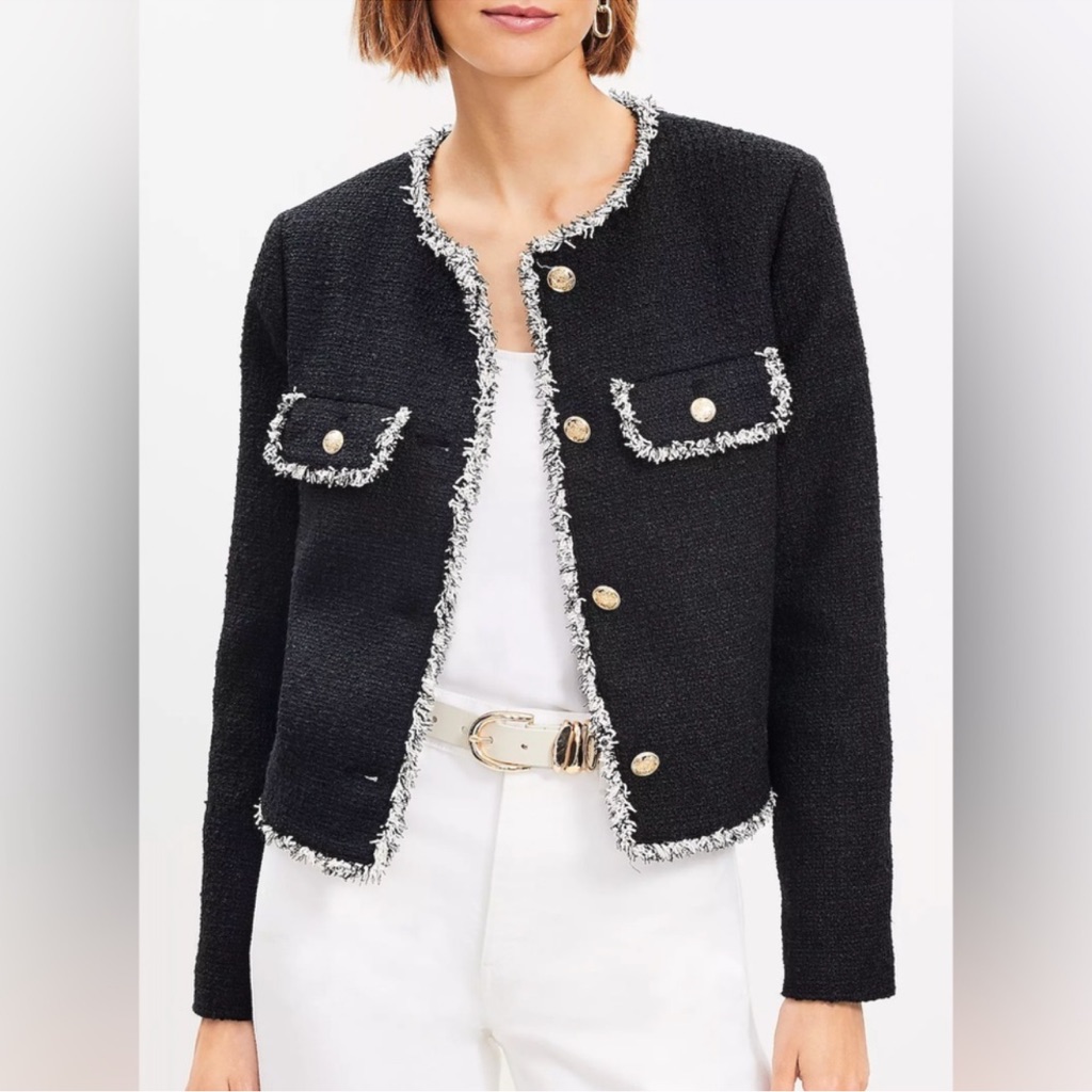 Ann Taylor Loft Cropped Tweed Jacket Black White Size Xl
